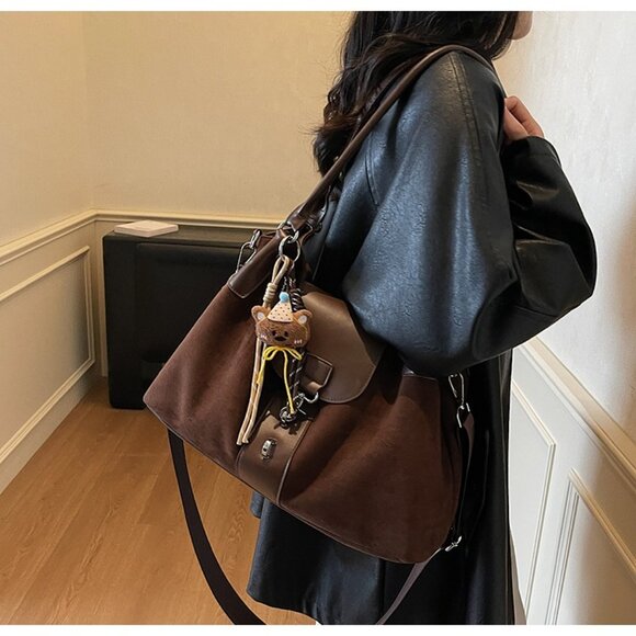 Chartreuse Suede Look Tote Bag - Crossbody Strap & Casual Cool! - Picture 7 of 9